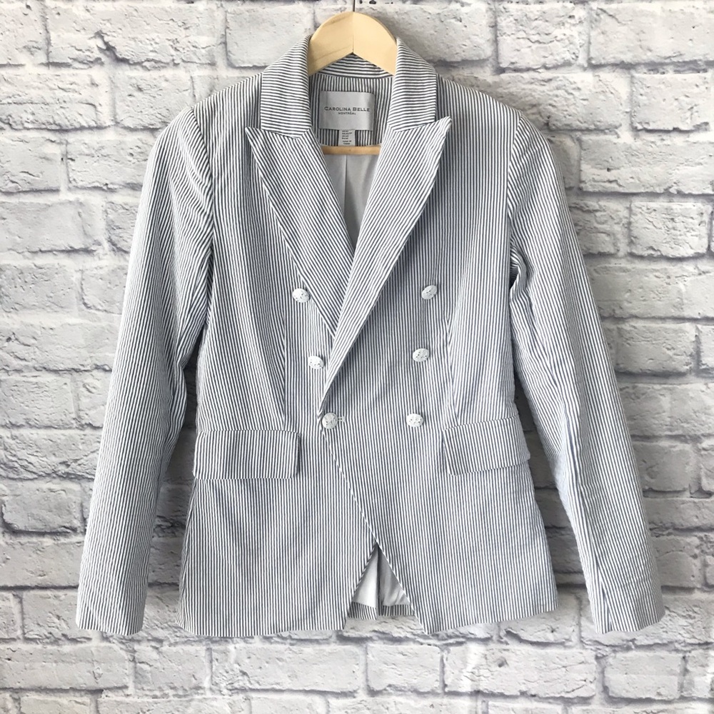 Carolina Belle Montreal Blue & White Striped Blazer Womens Size XS Jacket GUC
